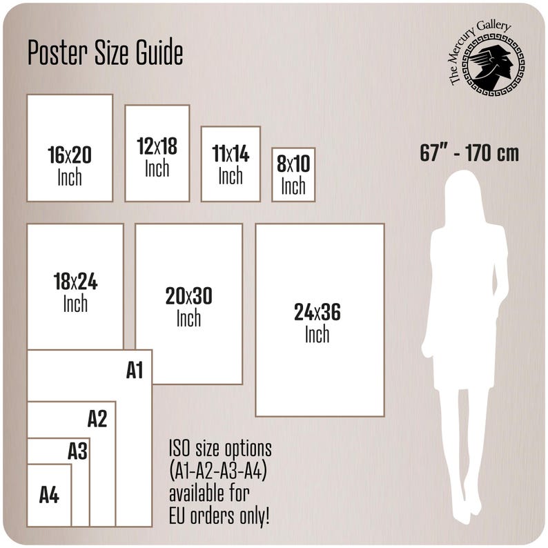 The image is a poster size guide that provides the dimensions of various poster sizes, including A1, A2, A3, and A4. It also includes the ISO size options for these sizes, which are A1-A3 and A4. The guide is designed to help customers choose the appropriate size for their intended use, whether it be for personal or professional purposes.