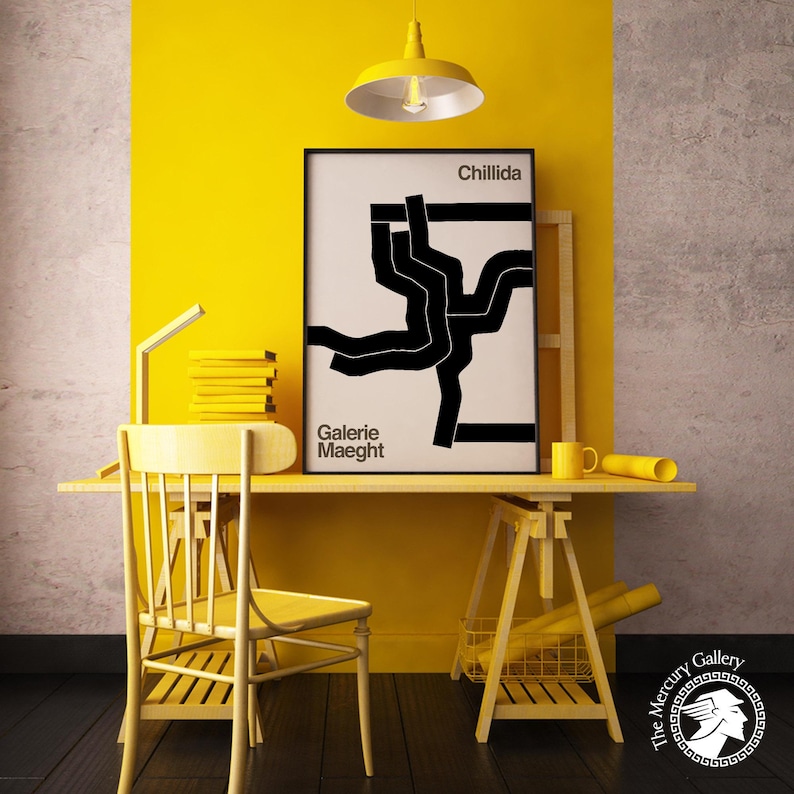 Cartel de la exposición Chillida: Impresión artística abstracta en blanco y negro imagen 3