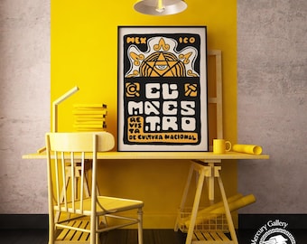Mexikanischer Kunstdruck, Gelb-Schwarzes Poster, Südamerikaner-Dekor, Mexiko-Reise-Kunst