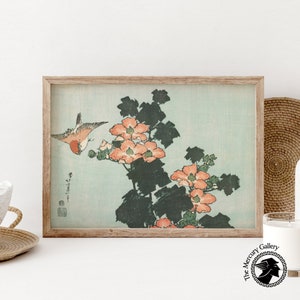 Hokusai Red Roses and Bird Print: Japanese Woodblock Art