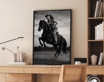 Black and White Cowgirl Horse Print, Retro Western Wall Art