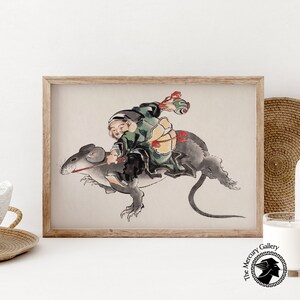 Hokusai Art Print, Japanese Daikokuten Riding a Large Rat, Japan Wall Art, Hokusai Wall Art, Japanese Art Print, Japanese Decor