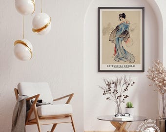 Hokusai Art Print, Japanese Woman in Kimono, Ukiyo-e Wall Art