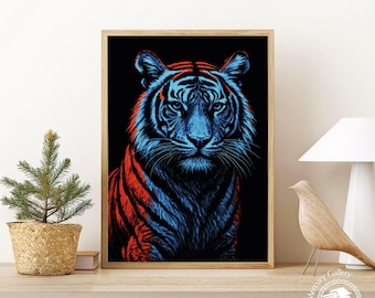 Blå tiger väggkonst röd blå djurporträtt poster djärv grafisk djurlivsillustration modern djungeldekor