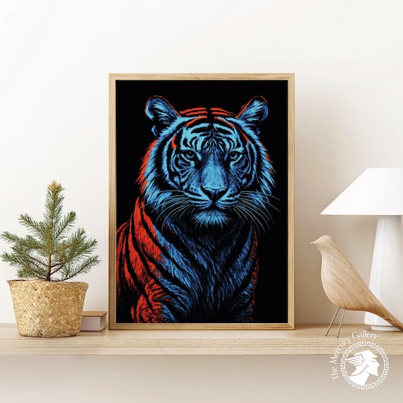 Blue Tiger Wall Art Print Red Blue Animal Portrait Poster Bold