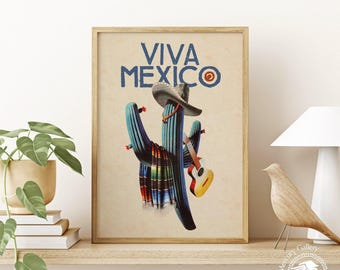 Retro Mexico Travel Poster, Viva Mexico Wall Art Print