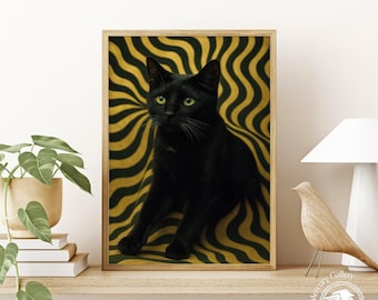 Black Cat Art Print – Retro Optical Illusion Psychedelic Wall Decor