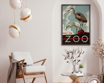 Póster de viaje de zoológico vintage, impresión de arte mural retro