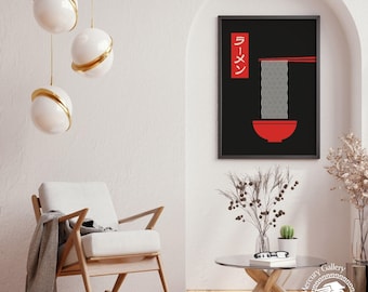 Stampa di ciotola di noodles ramen, poster di cucina giapponese