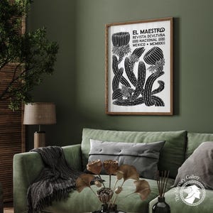 El Maestro Mexico-print, vintage decor Mexicaanse cultuur, zwart-witprint, botanische poster, afbeelding 9