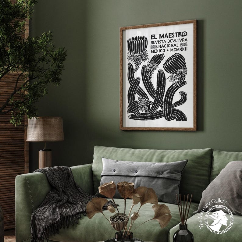 El Maestro Mexico-print, vintage decor Mexicaanse cultuur, zwart-witprint, botanische poster, afbeelding 9