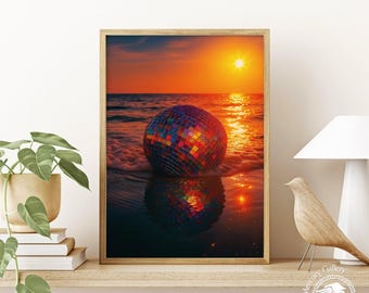 Disco Ball Sunset Print: 70s Retro Beach Wall Art