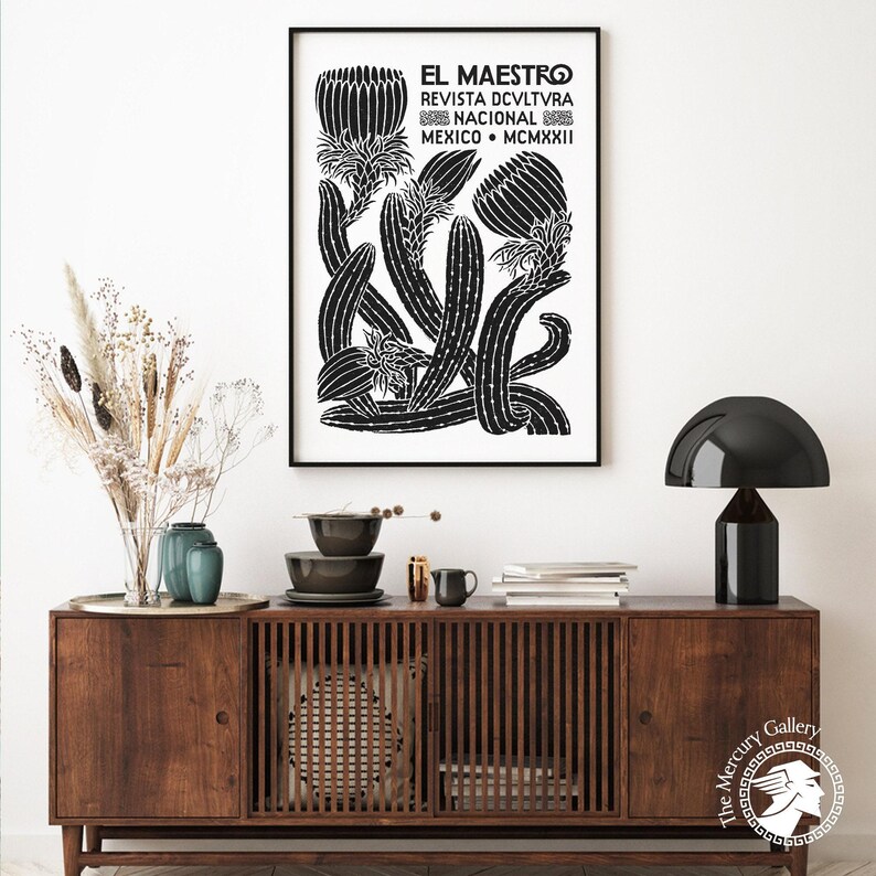 El Maestro Mexico-print, vintage decor Mexicaanse cultuur, zwart-witprint, botanische poster, afbeelding 2
