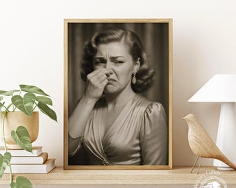 Funny Bathroom Poster | Vintage Woman Holding Nose, Restroom Humor Art