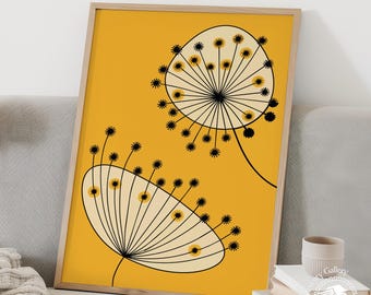 Mid Century Dandelion Poster, Mustard Botanical Wall Art, Scandinavian Flower Print