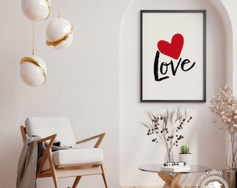 Red Heart Love Print, Minimalist Typography, Valentine's Day Gift