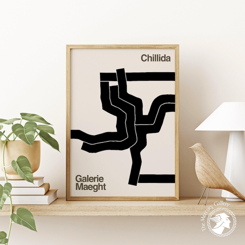 Cartel de la exposición Chillida: Impresión artística abstracta en blanco y negro imagen 1
