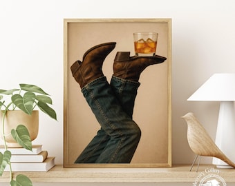 Whiskey Cowboy Boot Print: Rustic Western Bar Art