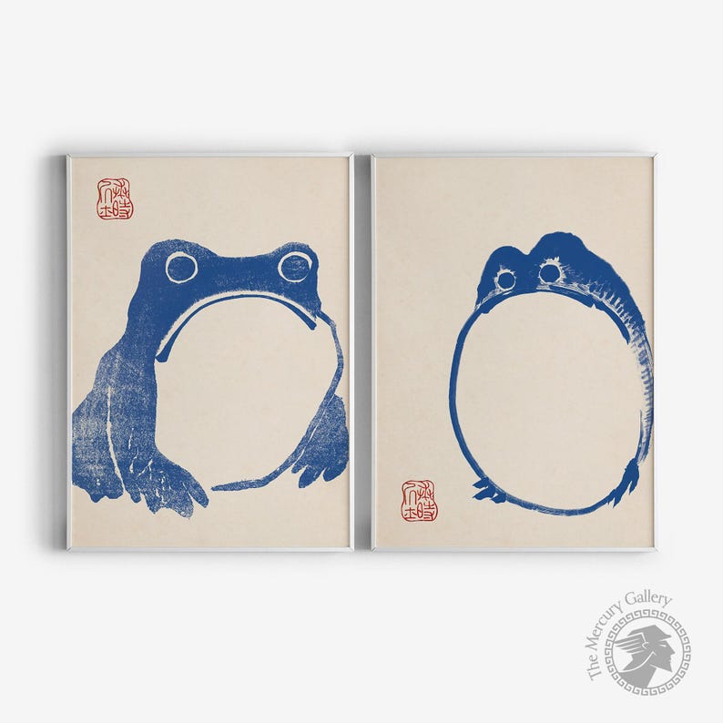 Set of 2 Japanese Blue Frog Print, Matsumoto Hoji Art Print, Japanese ...