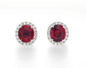 Red Color Oval Shape Natural Ruby 18K White Gold Earrings 2.36 Ct Clarity Jewelry For Women Certified Gift GIA Luxury