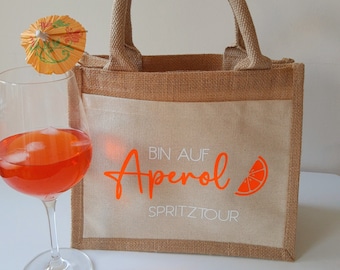 Jutetasche Aperol Spritztour, Tasche Aperol Spritz Tour, Geschenktasche für Getränke, Aperol Spruch in weiß & neon orange