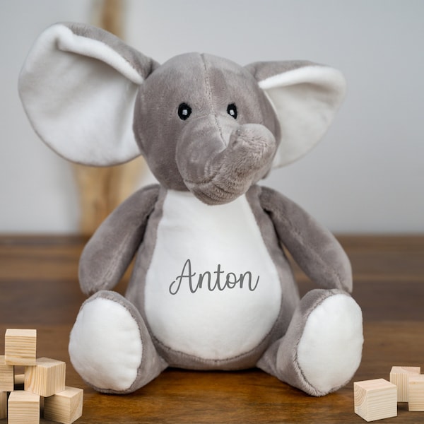 Kuscheltier Elefant, Kuscheltier personalisiert mit Name, Stofftier personalisiert mit Name, Plüschtier personalisiert, Geschenk Kinder