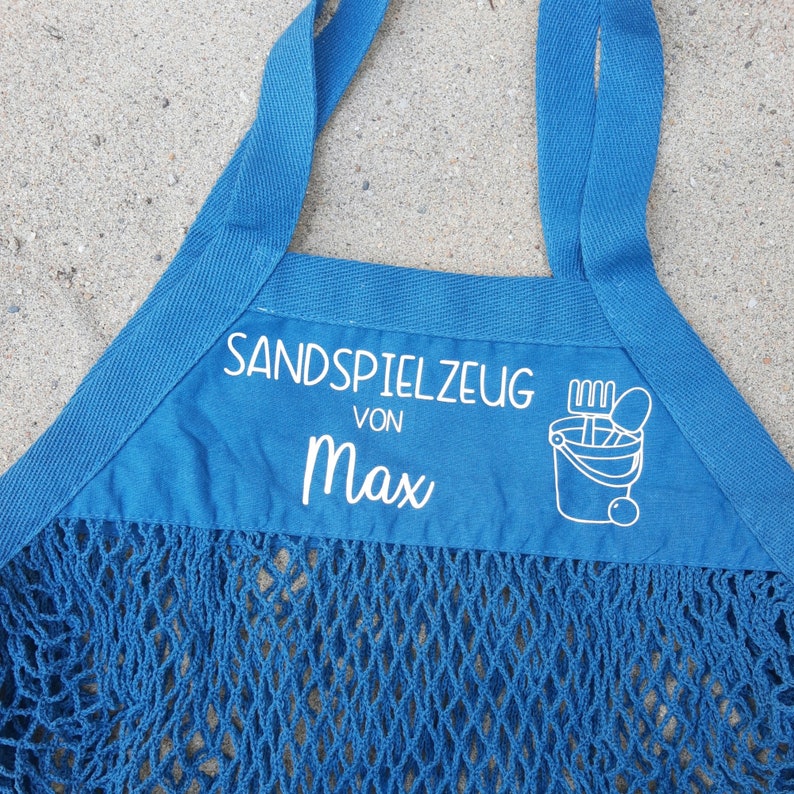 Sandspielzeugtasche, Tasche Sandspielzeug personalisiert, Netztasche, Netzbeutel, Netztasche Sandspielzeug, Spielplatztasche für Kinder blau