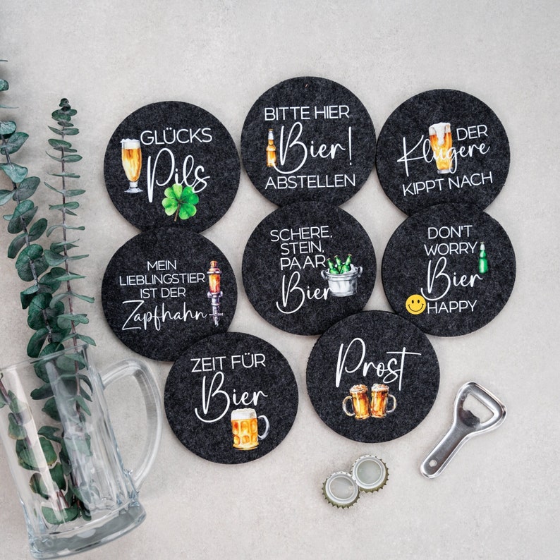 Untersetzer mit Bier Sprüchen, Bierglasuntersetzer, Geschenkidee für Bierliebhaber, Filzuntersetzer Bier, Untersetzer Biersprüche,Bierdeckel Bild 1