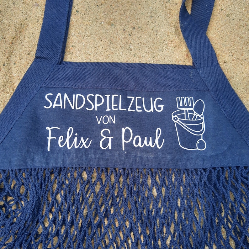 Sandspielzeugtasche, Tasche Sandspielzeug personalisiert, Netztasche, Netzbeutel, Netztasche Sandspielzeug, Spielplatztasche für Kinder dunkelblau