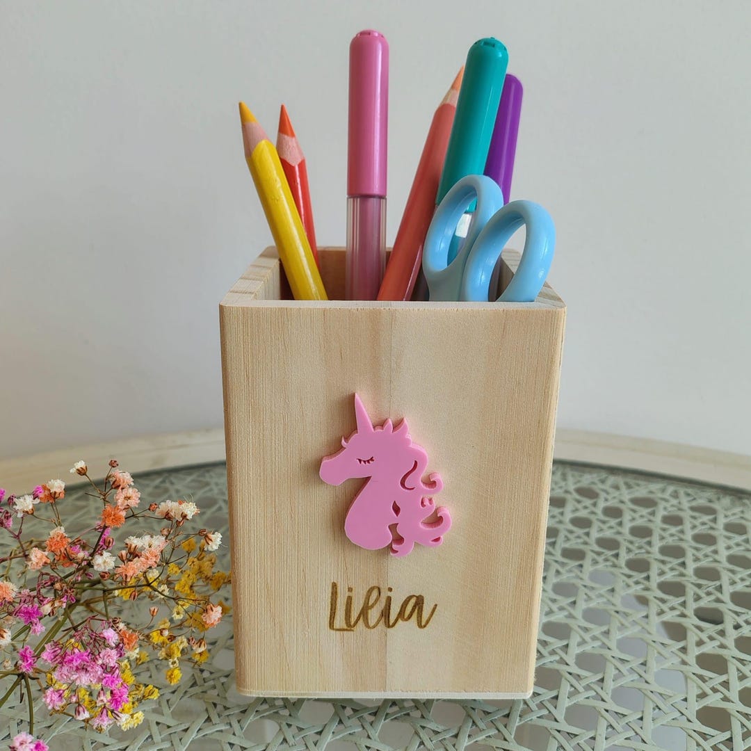Personalized Wooden Pencil Holder With Unicorn Motif Made of Acrylic ...