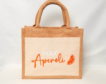 Jutetasche Aperol, Jutetasche Holy Aperoli, Geschenktasche für Getränke, Tasche mit Aperol Spruch