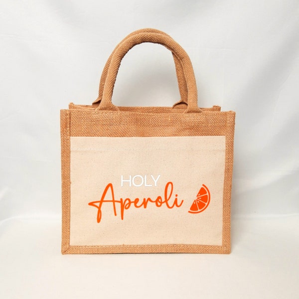 Jutetasche Aperol, Jutetasche Holy Aperoli, Geschenktasche für Getränke, Tasche mit Aperol Spruch