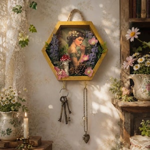 May include: A hexagonal wooden wall display featuring a central illustration of a person with flowers, a mushroom, and pinecones. The frame includes a rope hanger at the top and two metal hooks at the bottom, holding a set of keys and a heart pendant.