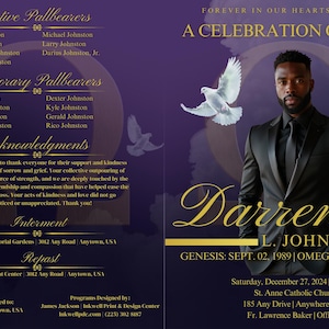 May include: A purple and gold funeral program with a photo of a man in a black suit. The program includes the name "Darren L. Johnston, Jr." and the dates "Sept. 02, 1989" and "Dec. 20, 2024". The program also includes the text "Forever in Our Hearts" and "A Celebration of Life".