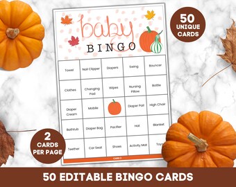 Baby Shower Bingo Pumpkin Printable, editable bingo, custom bingo, fall baby shower bingo