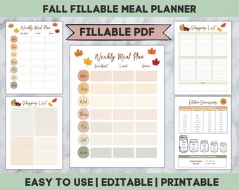 Fillable Meal Planner, Fall Printable Meal Plan, Editable Meal Plan, Thanksgiving Meal Planner