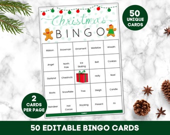 May include: A printable Christmas bingo card with 50 unique cards. The card has a green and white background with a red and green garland at the top. The card has 25 squares with Christmas-themed words in each square. The words include: ribbon, snowman, ornament, mistletoe, wreath, angel, north pole, ice skating, bell, cookies, garland, chestnuts, holly, noel, boots, snowflake, tree, sleigh, candle, reindeer, hot cocoa, stocking, present, and fir.