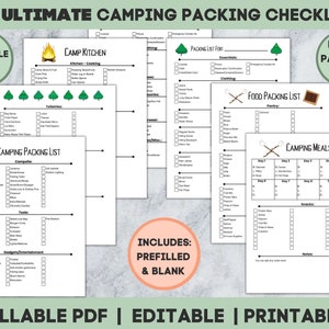 Camping Planner Checklist, Camping Packing List, Editable, Camp Packing List, Camping Checklists, Camping Meal Planner