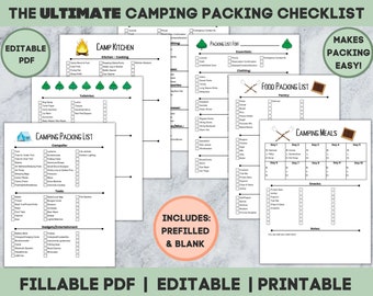 Camping Planner Checklist, Camping Packing List, Editable, Camp Packing List, Camping Checklists, Camping Meal Planner