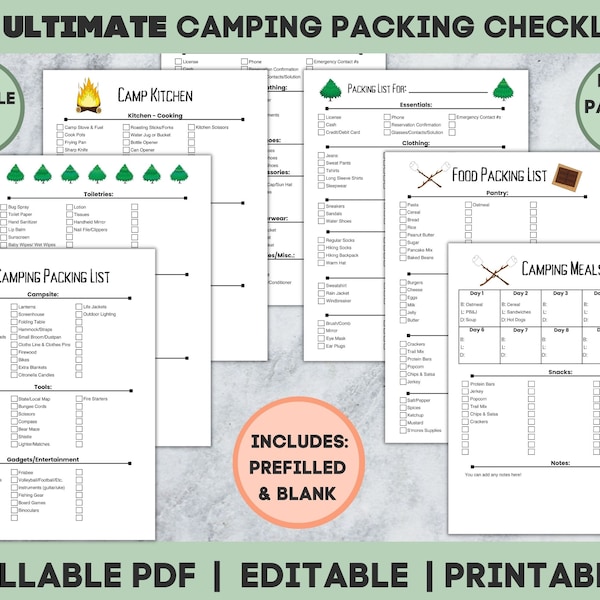 Camping Planner Checklist, Camping Packing List, Editable, Camp Packing List, Camping Checklists, Camping Meal Planner