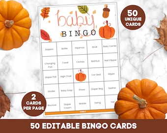 Baby Shower Bingo Pumpkin Printable, baby shower editable bingo, fall baby shower bingo game