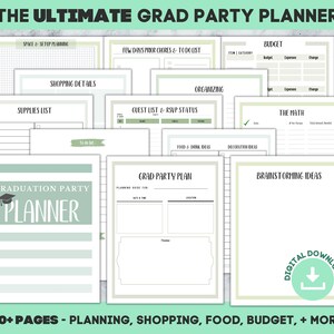 May include: A printable graduation party planner with 30+ pages. The planner includes sections for space and setup planning, shopping details, supplies list, guest list and RSVP status, food and drink ideas, decorations, a party plan, budget, brainstorming ideas, and a math section for calculating the total amount needed. The planner has a green and white color scheme with a graduation cap icon.