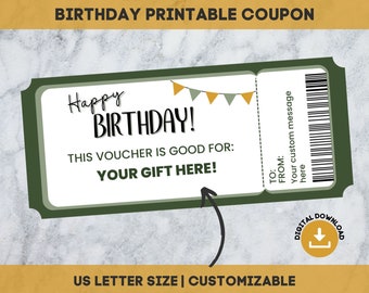 Birthday Coupon, Gift Coupon, Custom Gift Voucher, Editable Birthday Gift Coupon