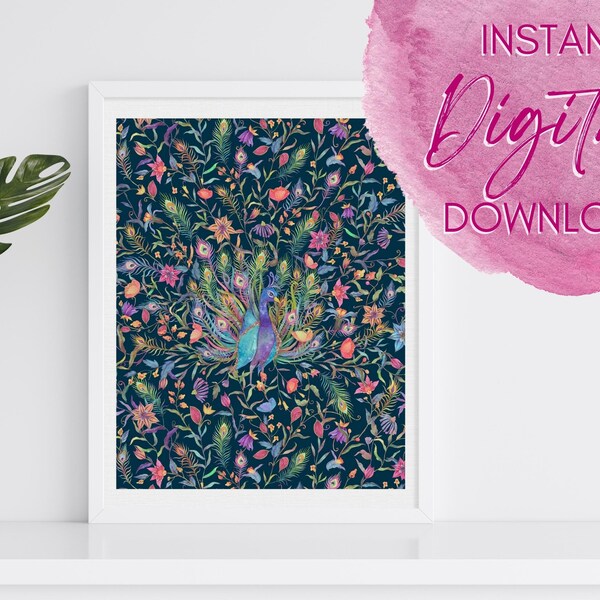 Two Piece Navy Blue Peacock Print Decor to Feng Shui your Livingroom, Art Nouveau Poster of Peacock for Intentional Living