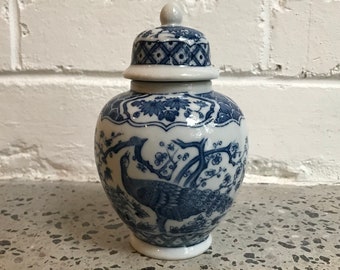 Vintage Ginger Jar Peacock Design Japan Blue White Pottery