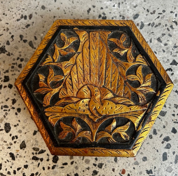 Wooden Carved Hexagon Box with Gilded Bird Design - image 1