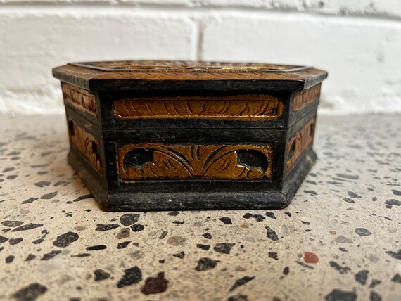 Wooden Carved Hexagon Box with Gilded Bird Design - image 2