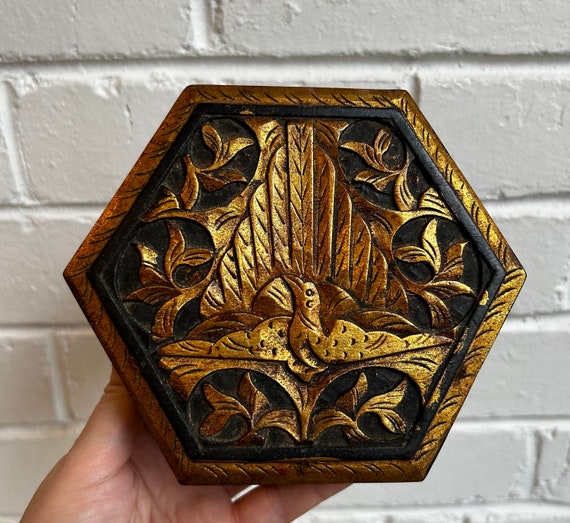 Wooden Carved Hexagon Box with Gilded Bird Design - image 6