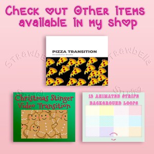 May include: Three digital product listings for video transitions. The first listing is for a pizza transition, the second is for a Christmas stinger transition, and the third is for animated stripe background loops. Each listing has a colorful background and a graphic representing the product.
