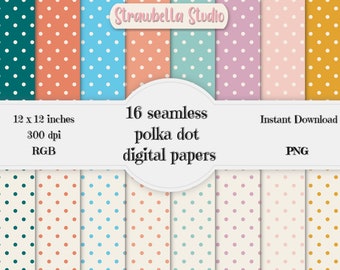 Polka Dot Digital Paper Pack: 16 Seamless PNG Patterns (12x12 inches)